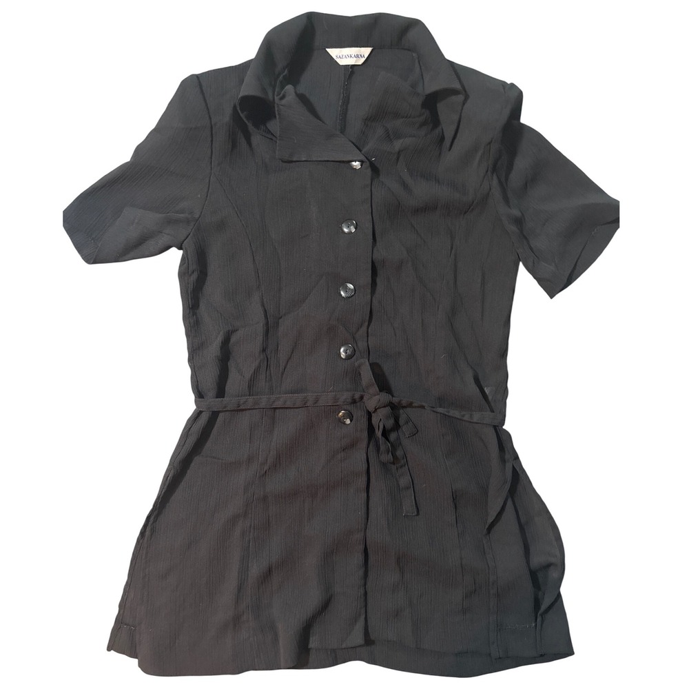 SAZANKARNA Pleated Shoulder Pad Shirt Sheer Black Structured Blouse Designer